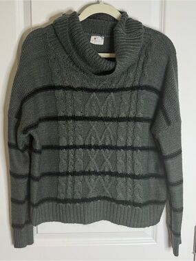 Textured Cable Cowl Neck Sweater in Charcoal with Black Stripes